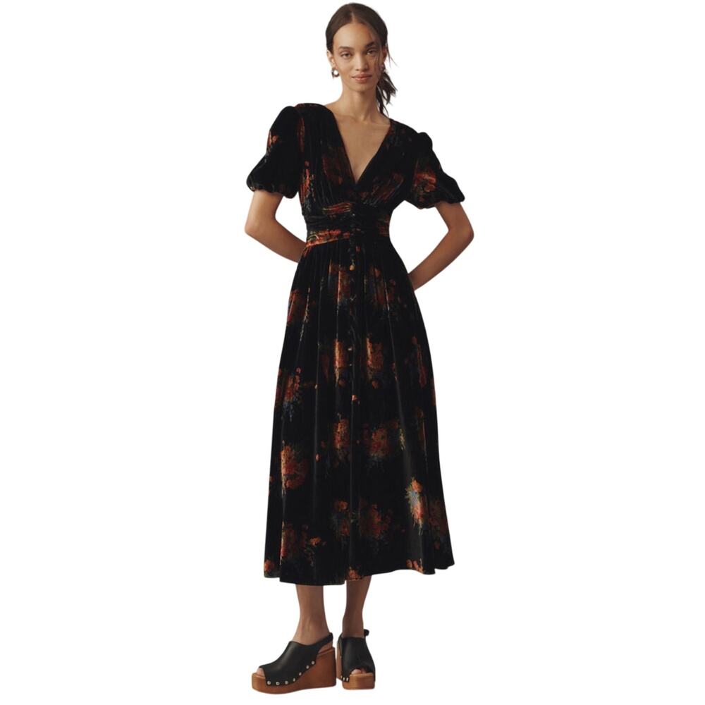 ANTHROPOLOGIE Women’s Katerina Black Floral Velvet Boho Maxi Dress